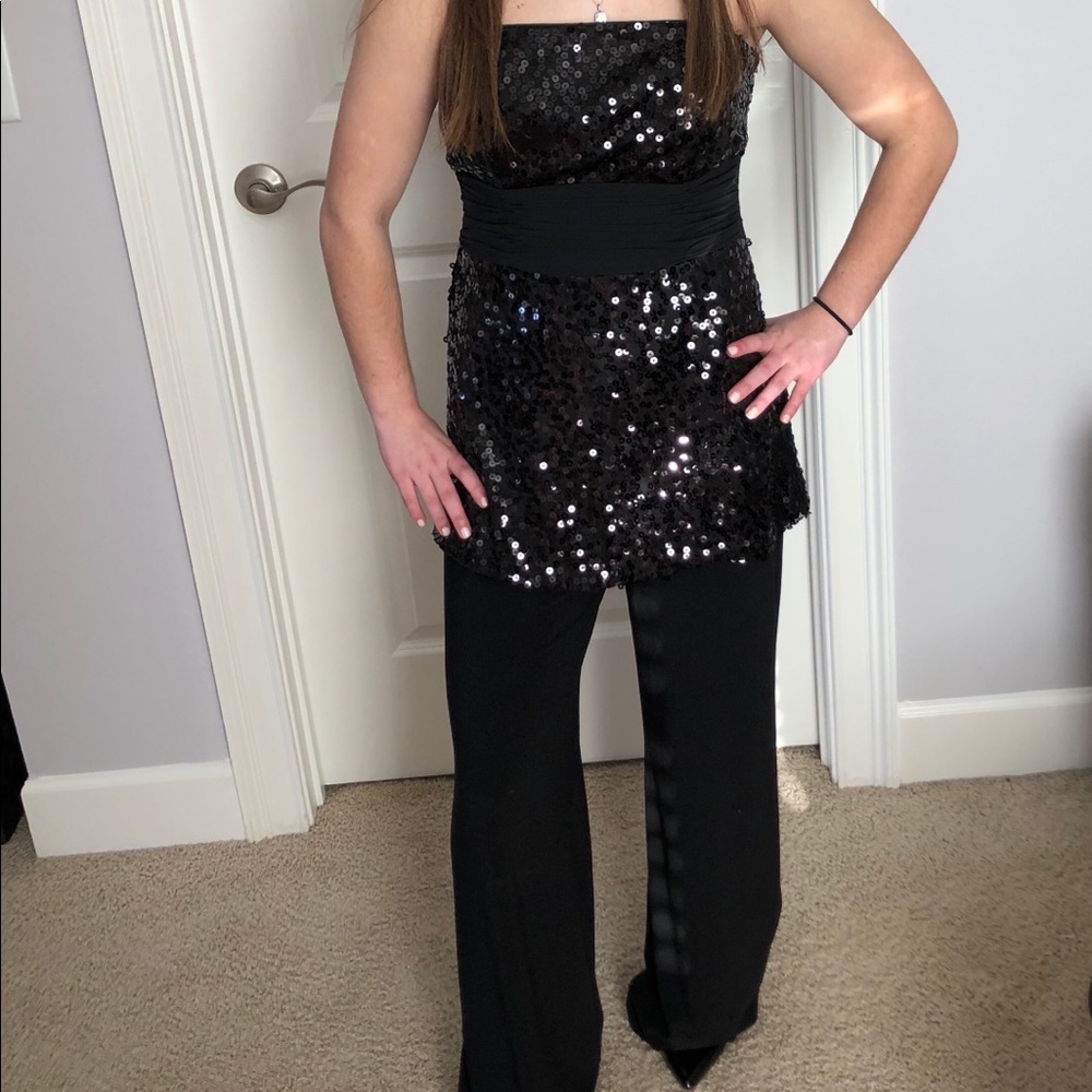 WHBM Black Strapless Sequined Jumpsuit